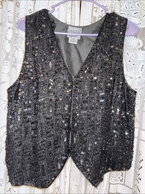 Vintage‎ Sweet Sue silk Black Sequin V-Neck Vest L